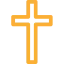 Orange cross with a small white circle above and a star inside the circle.